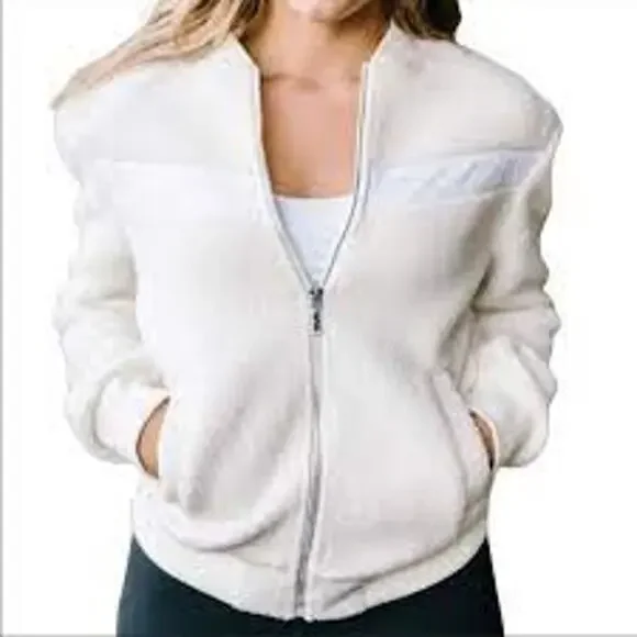 ZYIA  ACTIVE Womens M White Sherpa Collarless Full Zip Flying V Bomber Jacket - Picture 2 of 11
